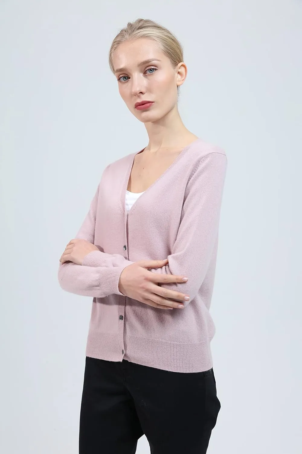 BEYOND FASHION Women Cardigan Sweater V neck Button Front - 100% Pure Cashmere