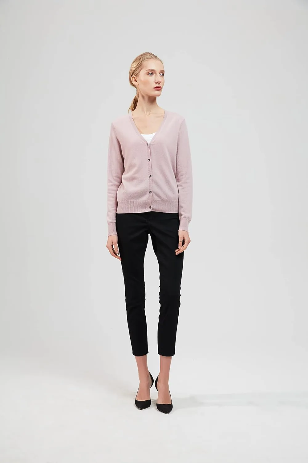 BEYOND FASHION Women Cardigan Sweater V neck Button Front - 100% Pure Cashmere