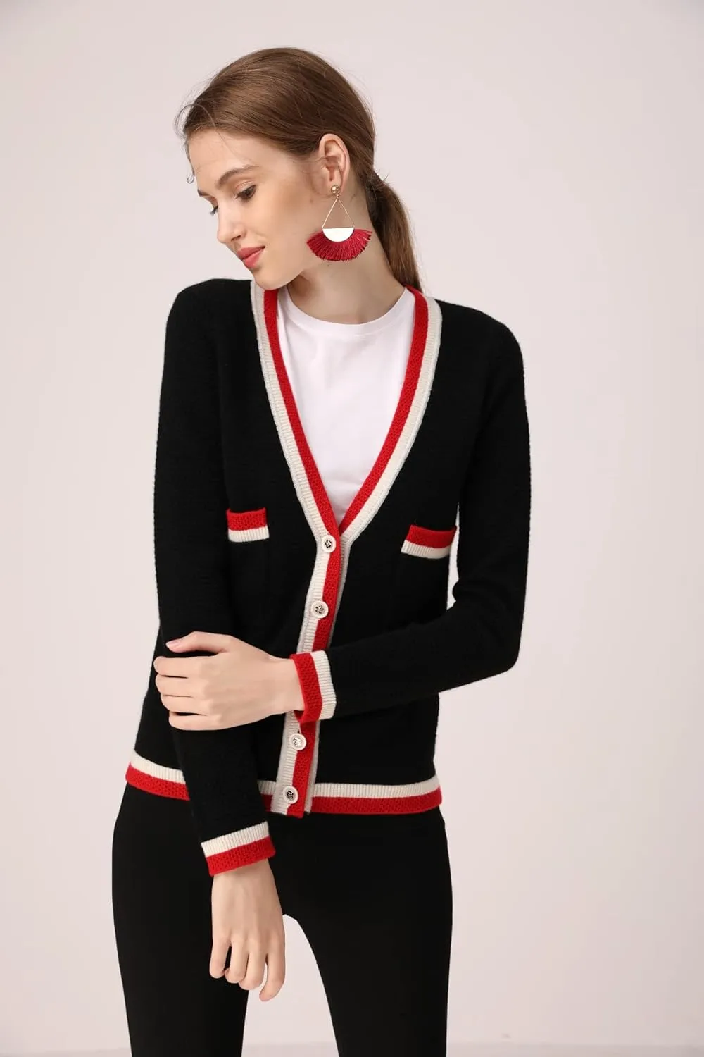 BEYOND FASHION Women Cardigan Sweater V neck Button Front - 100% Pure Cashmere