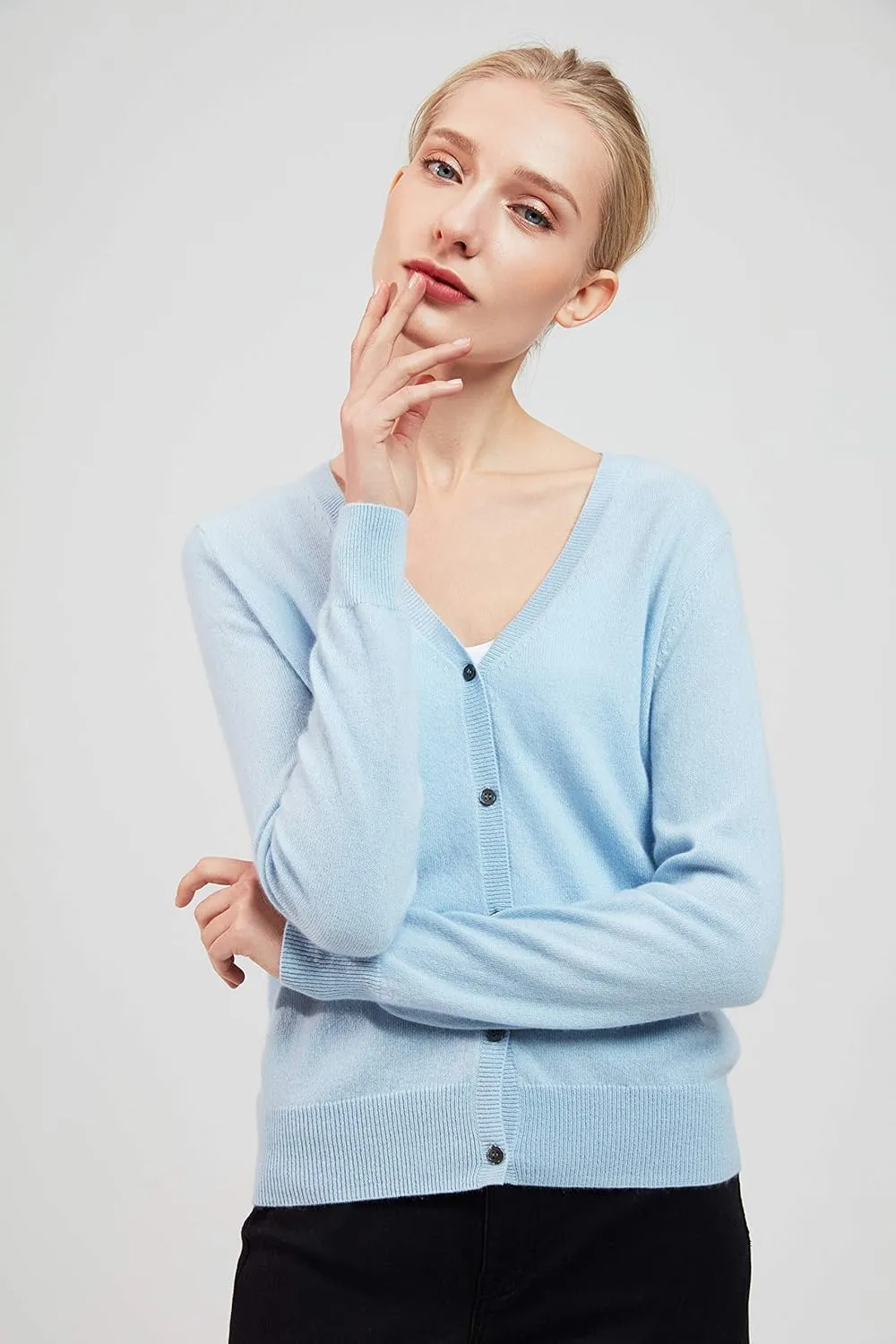 BEYOND FASHION Women Cardigan Sweater V neck Button Front - 100% Pure Cashmere