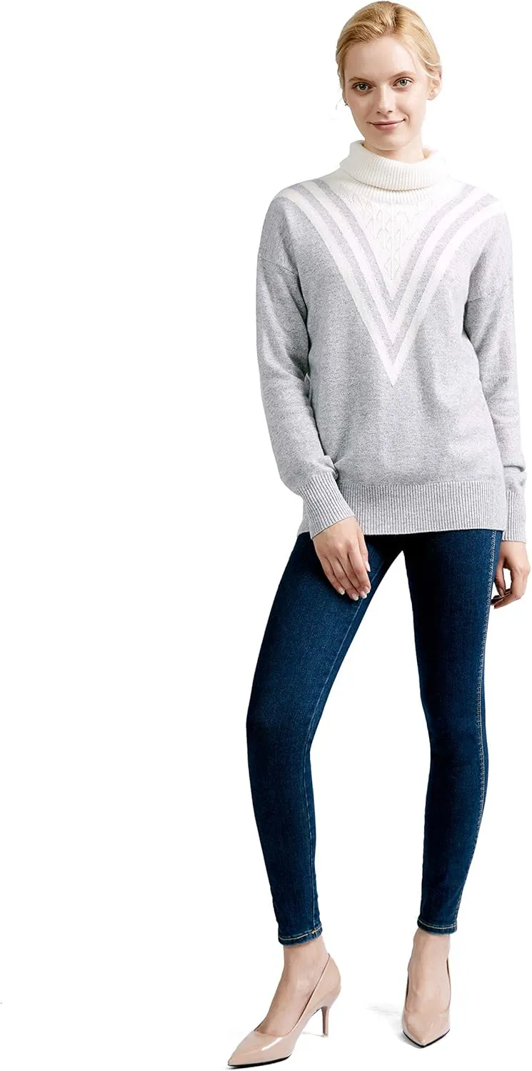 BEYOND FASHION Women's 100% Pure Cashmere Sweater Turtle Neck Drop Shoulder Long Sleeve Pullover