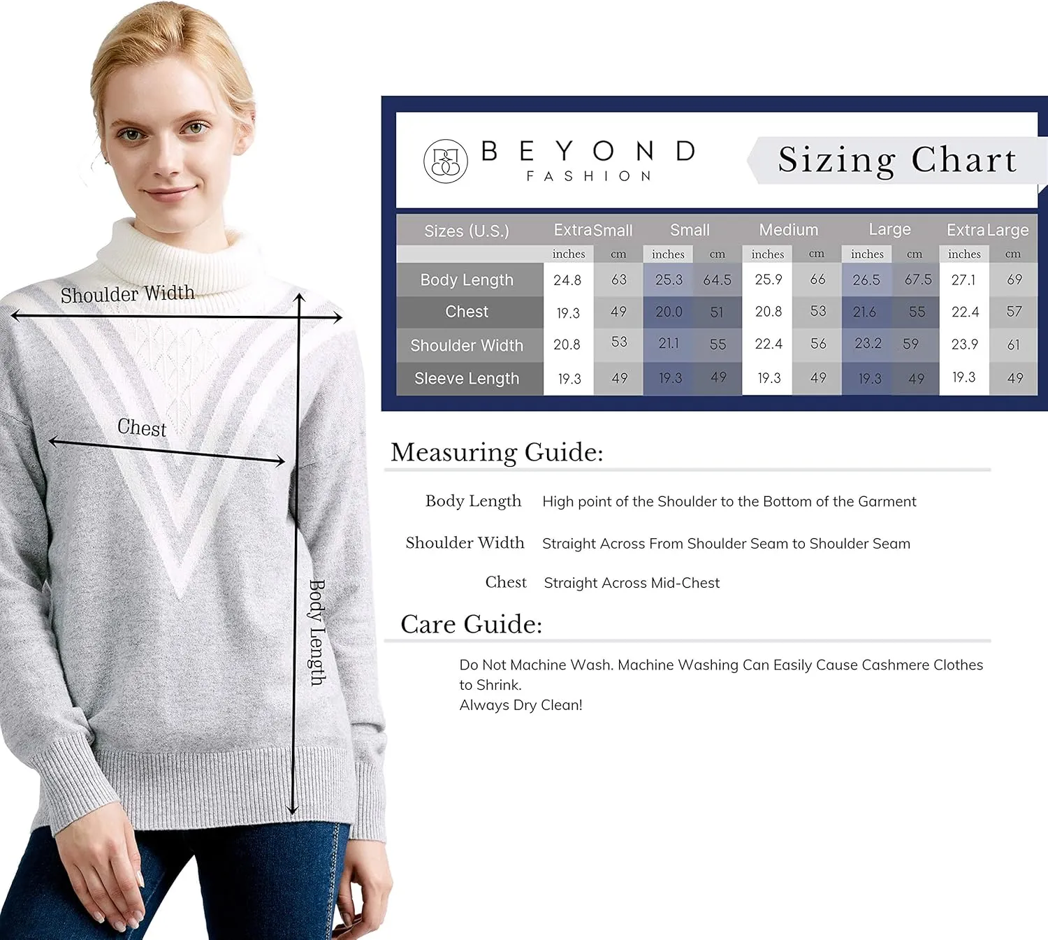 BEYOND FASHION Women's 100% Pure Cashmere Sweater Turtle Neck Drop Shoulder Long Sleeve Pullover