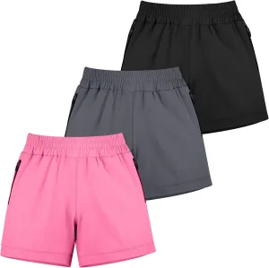 BIG ELEPHANT 3 Packs Girls Athletic Shorts with Liner, Quick Dry Soccer Bike Kids Shorts with Zip Pockets