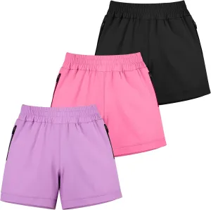 BIG ELEPHANT 3 Packs Girls Athletic Shorts with Liner, Quick Dry Soccer Bike Kids Shorts with Zip Pockets