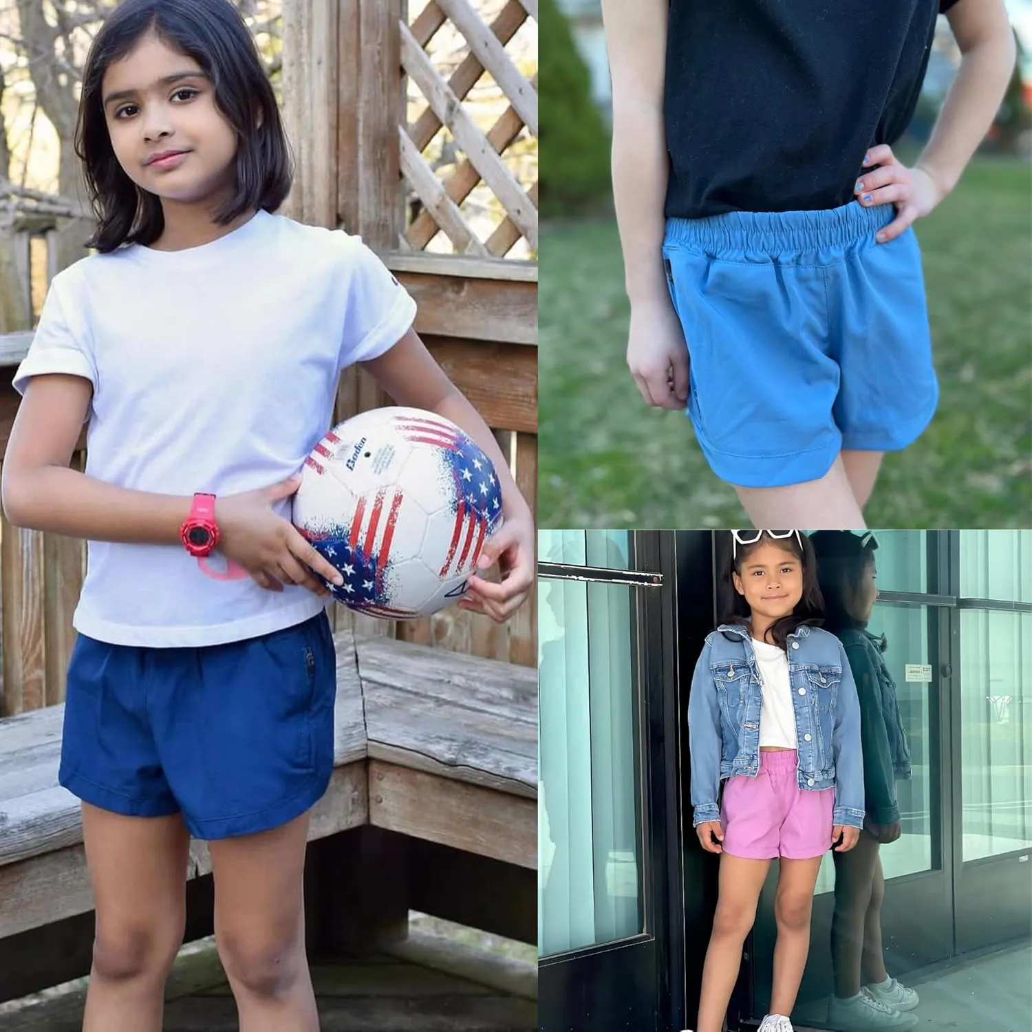BIG ELEPHANT 3 Packs Girls Athletic Shorts with Liner, Quick Dry Soccer Bike Kids Shorts with Zip Pockets