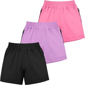 BIG ELEPHANT 3 Pcs Girls Athletic Shorts with Liner, Quick Dry Sports Shorts with Zipper Pockets for Running, Soccer, Cycling
