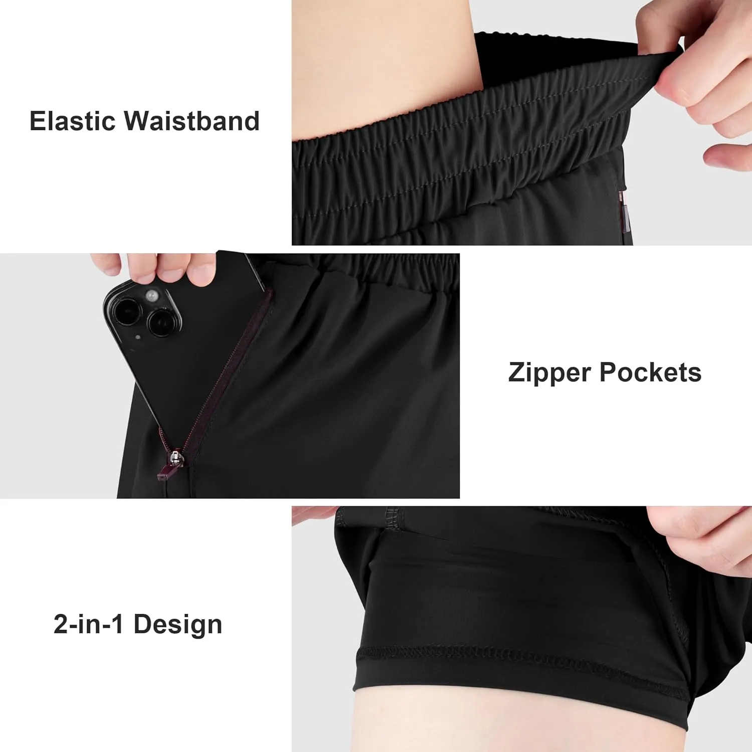 BIG ELEPHANT 3 Pcs Girls Athletic Shorts with Liner, Quick Dry Sports Shorts with Zipper Pockets for Running, Soccer, Cycling