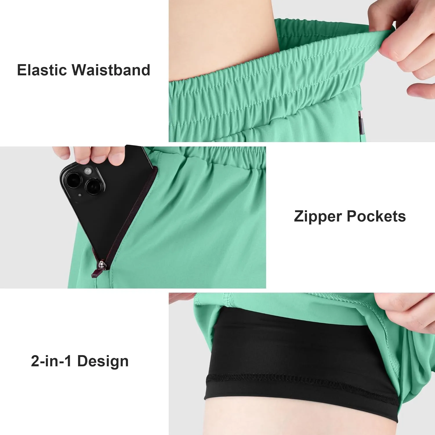 BIG ELEPHANT 3 Pcs Girls Athletic Shorts with Liner, Quick Dry Sports Shorts with Zipper Pockets for Running, Soccer, Cycling