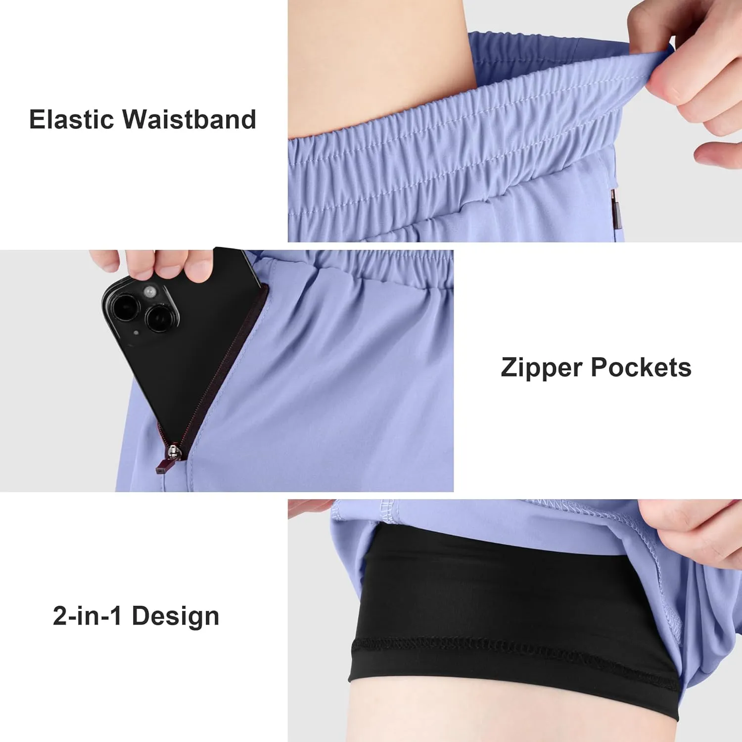 BIG ELEPHANT 3 Pcs Girls Athletic Shorts with Liner, Quick Dry Sports Shorts with Zipper Pockets for Running, Soccer, Cycling