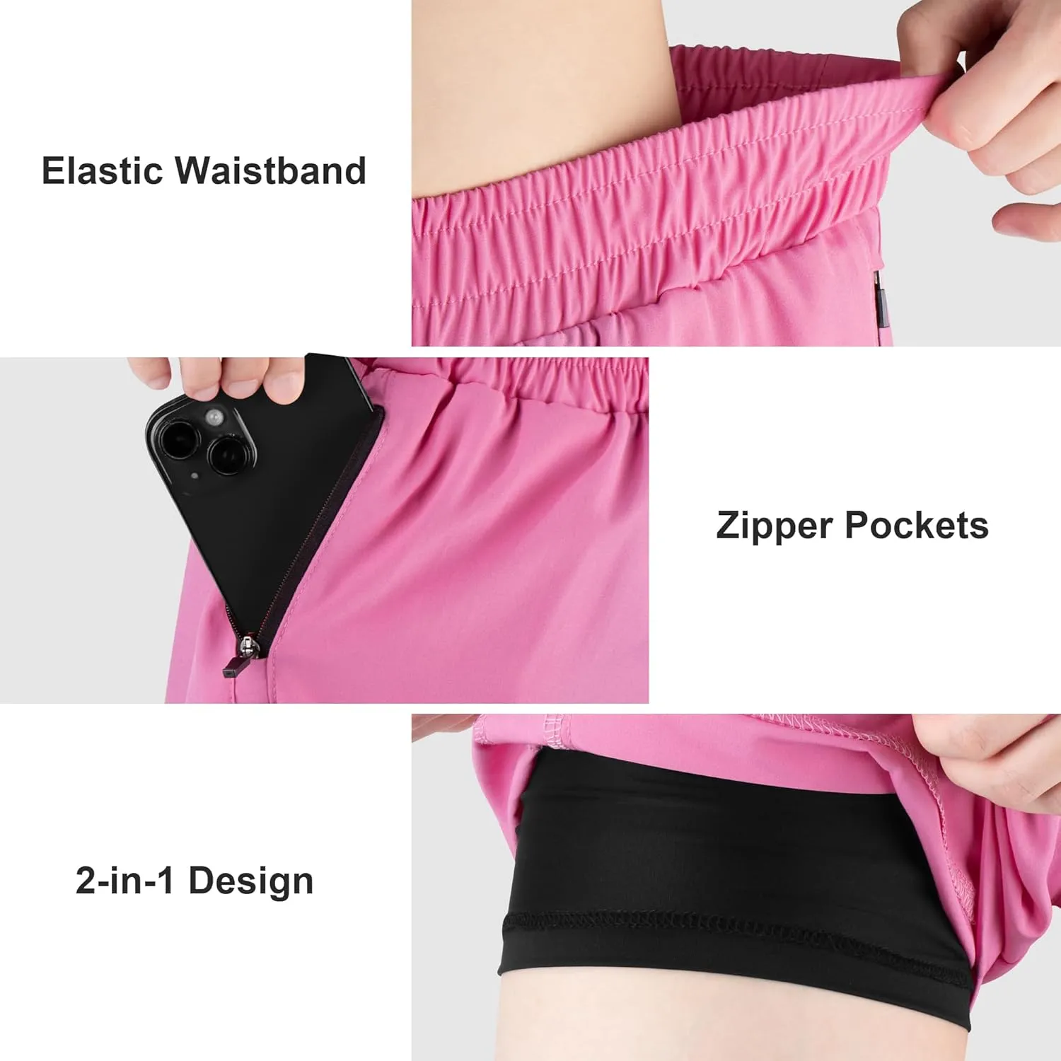 BIG ELEPHANT 3 Pcs Girls Athletic Shorts with Liner, Quick Dry Sports Shorts with Zipper Pockets for Running, Soccer, Cycling