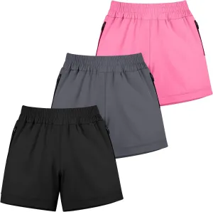 BIG ELEPHANT 3 Pcs Girls Athletic Shorts with Liner, Quick Dry Sports Shorts with Zipper Pockets for Running, Soccer, Cycling