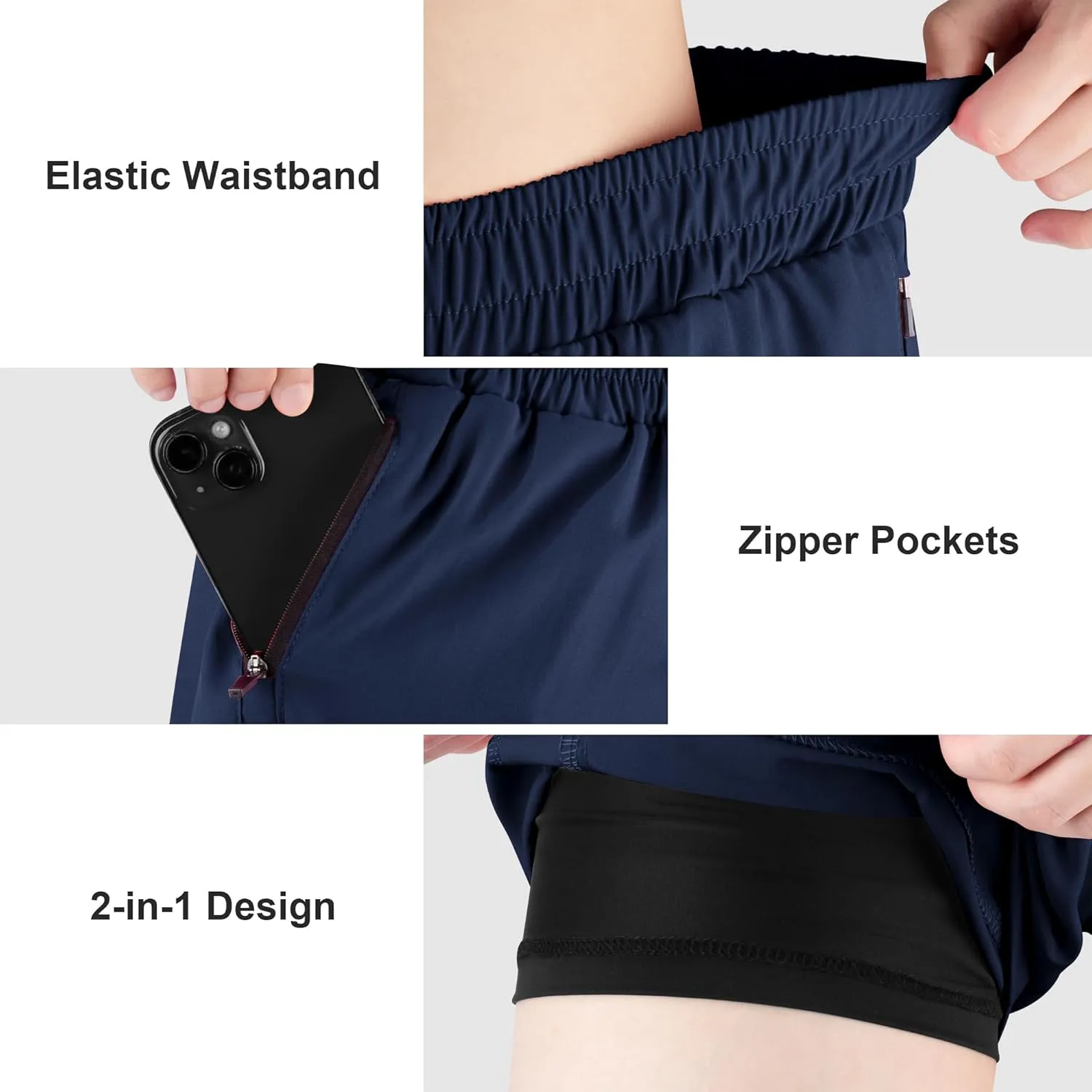 BIG ELEPHANT 3 Pcs Girls Athletic Shorts with Liner, Quick Dry Sports Shorts with Zipper Pockets for Running, Soccer, Cycling