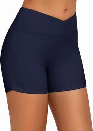 Bonneuitbebe Women's 4" Swim Shorts Cross Waist Bathing Suit Bottoms Board Shorts Swimsuit Boy Shorts with Built-in Briefs