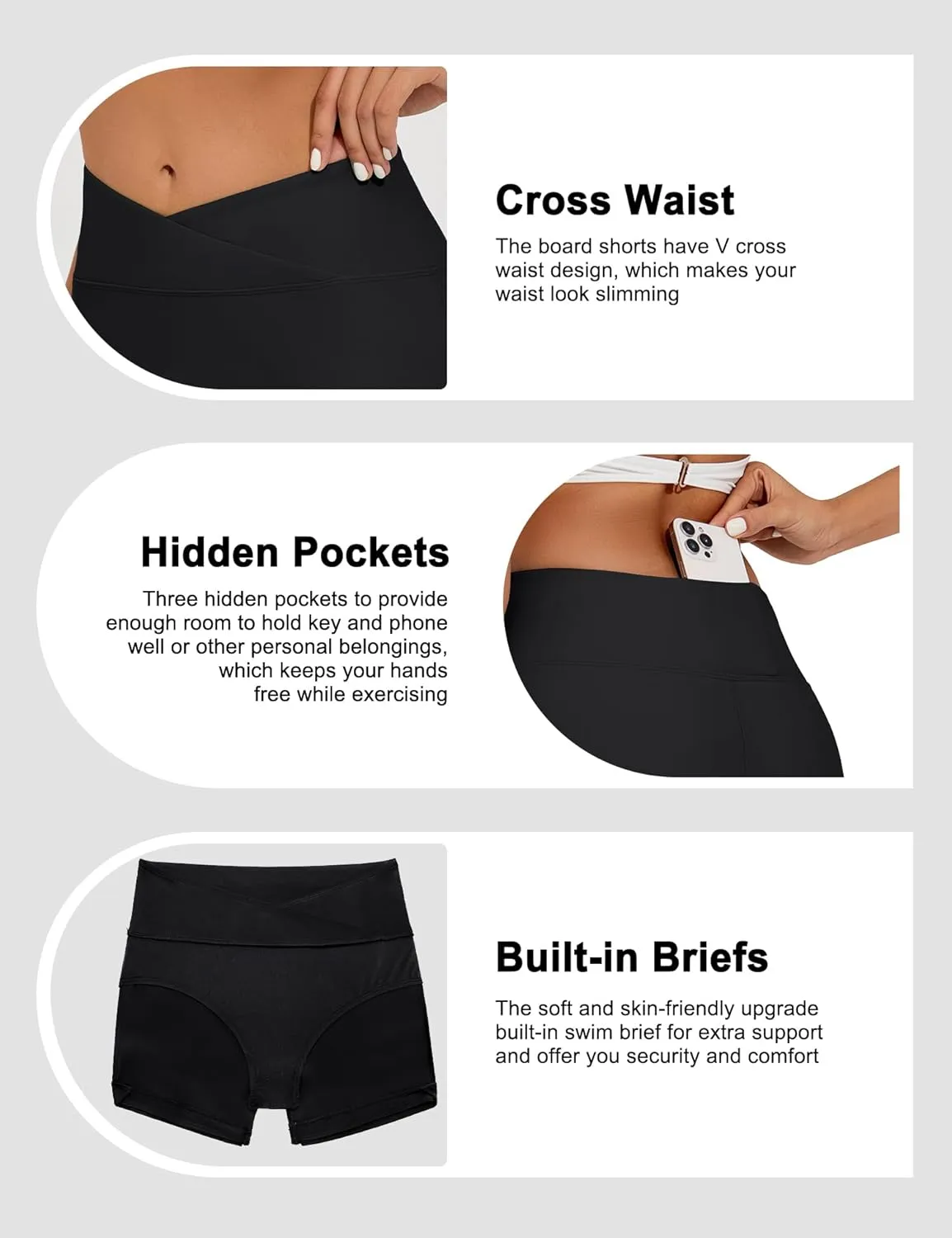 Bonneuitbebe Women's 4" Swim Shorts Cross Waist Bathing Suit Bottoms Board Shorts Swimsuit Boy Shorts with Built-in Briefs