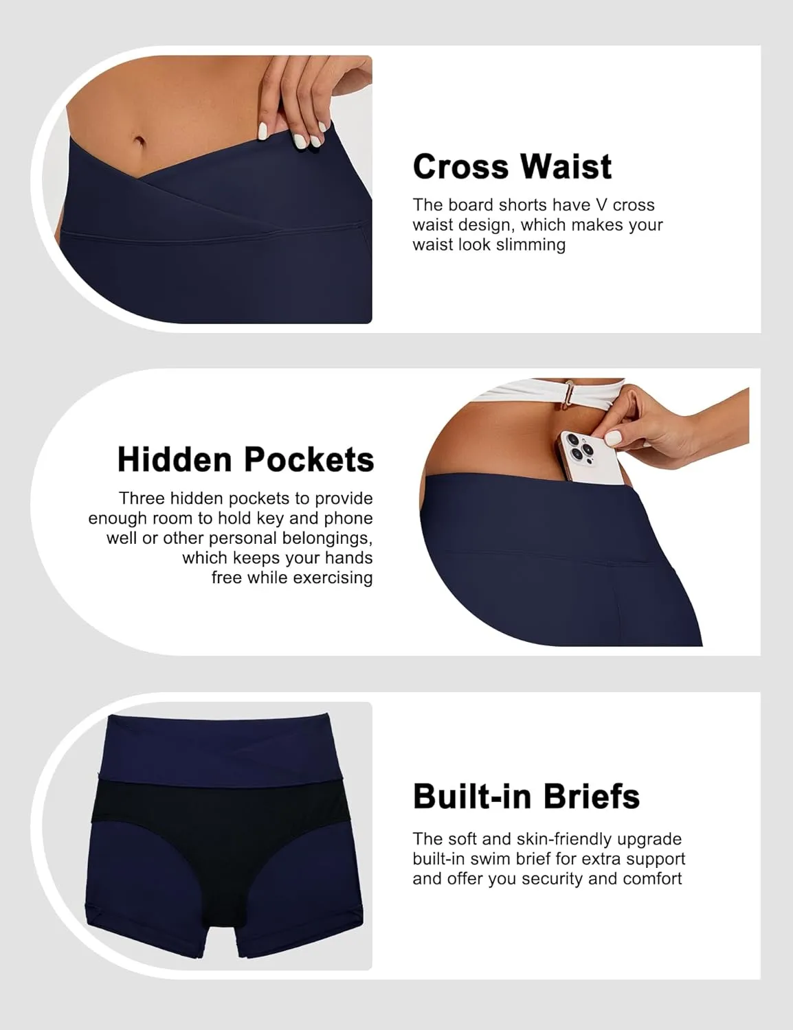 Bonneuitbebe Women's 4" Swim Shorts Cross Waist Bathing Suit Bottoms Board Shorts Swimsuit Boy Shorts with Built-in Briefs