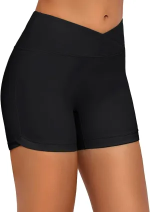 Bonneuitbebe Women's 4" Swim Shorts Cross Waist Bathing Suit Bottoms Board Shorts Swimsuit Boy Shorts with Built-in Briefs