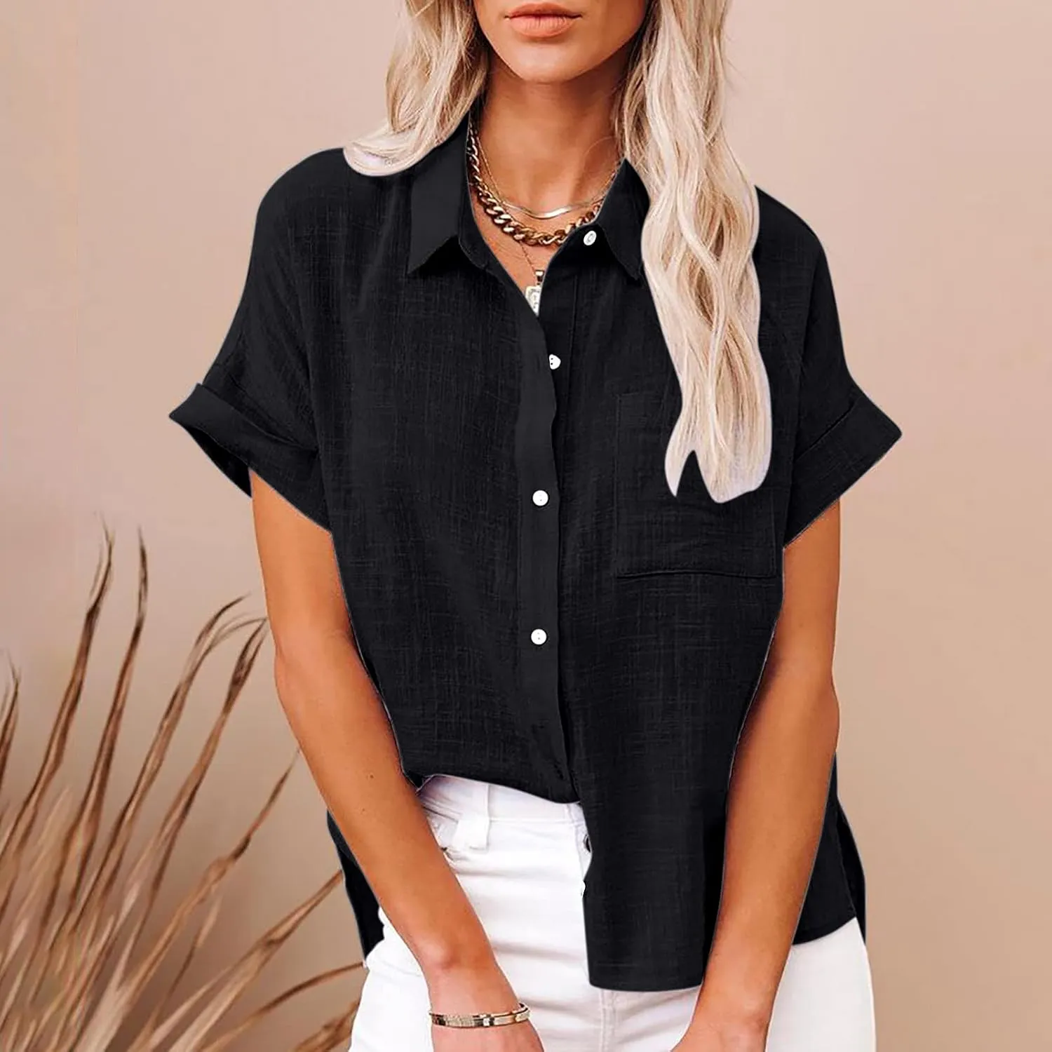 Button Down Shirt Women Summer Casual Trendy Tops Short Sleeve Linen Collared T Shirts Plain Tshirt Dressy Blouses