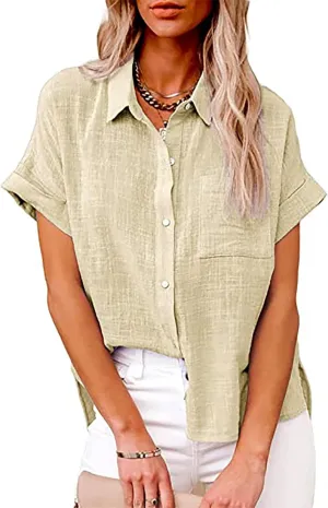 Button Down Shirt Women Summer Casual Trendy Tops Short Sleeve Linen Collared T Shirts Plain Tshirt Dressy Blouses