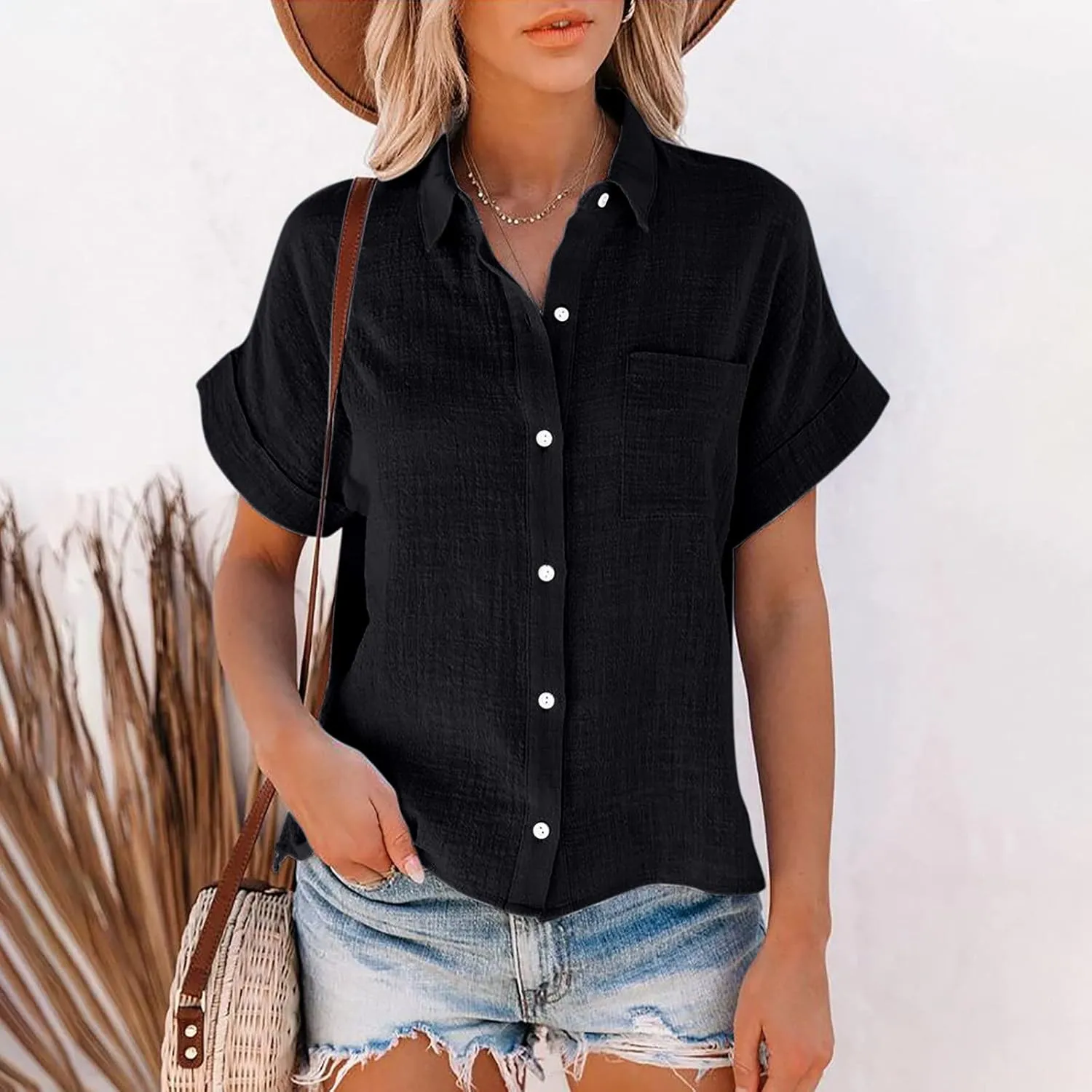 Button Down Shirt Women Summer Casual Trendy Tops Short Sleeve Linen Collared T Shirts Plain Tshirt Dressy Blouses