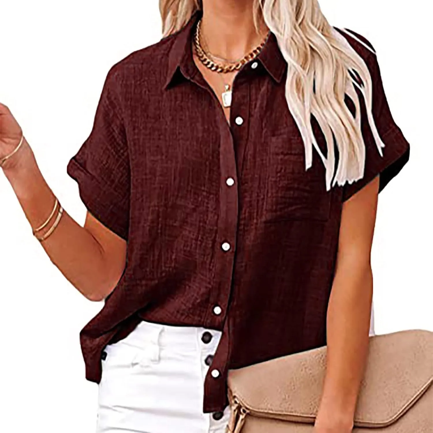 Button Down Shirt Women Summer Casual Trendy Tops Short Sleeve Linen Collared T Shirts Plain Tshirt Dressy Blouses