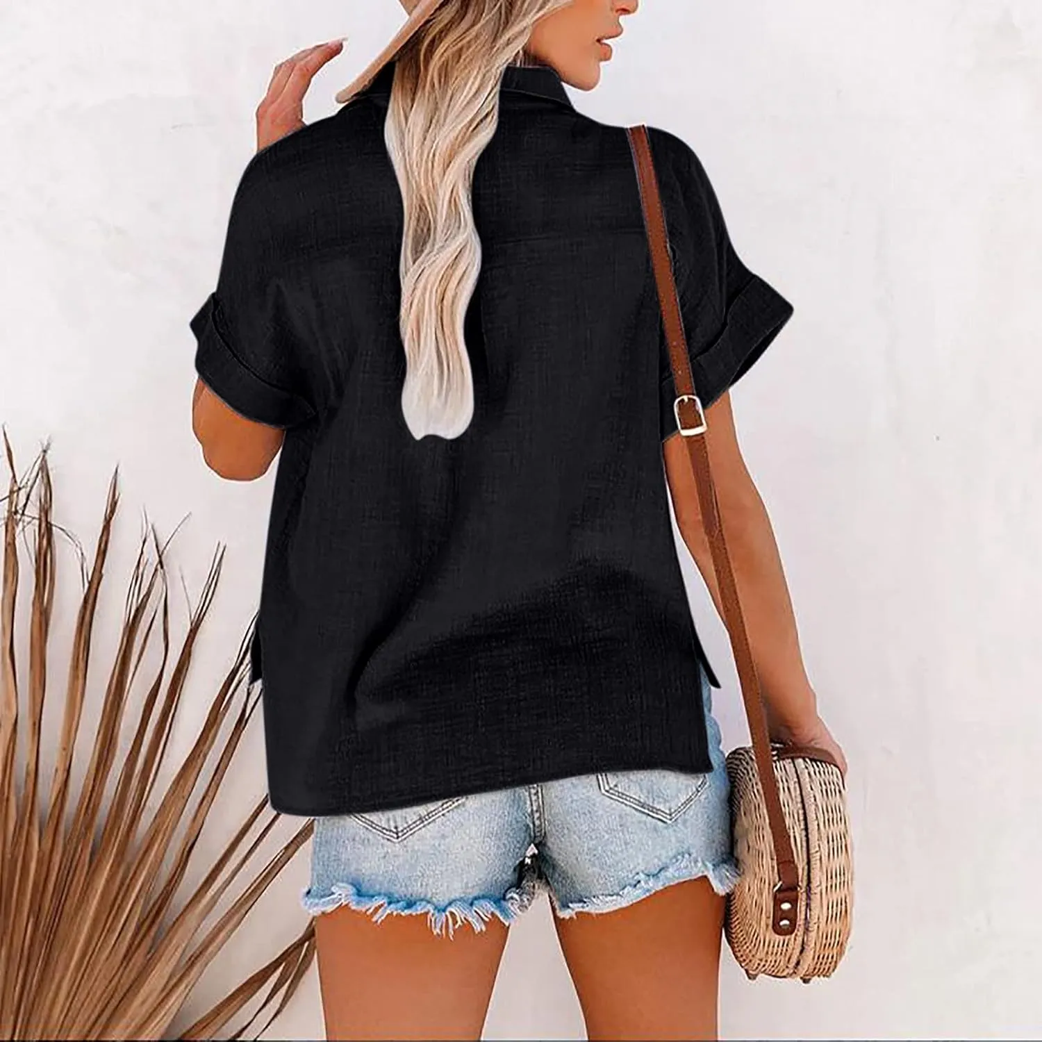 Button Down Shirt Women Summer Casual Trendy Tops Short Sleeve Linen Collared T Shirts Plain Tshirt Dressy Blouses
