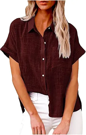 Button Down Shirt Women Summer Casual Trendy Tops Short Sleeve Linen Collared T Shirts Plain Tshirt Dressy Blouses
