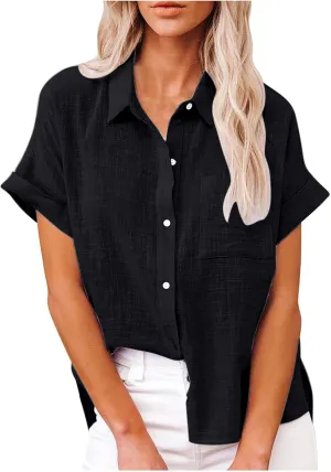 Button Down Shirt Women Summer Casual Trendy Tops Short Sleeve Linen Collared T Shirts Plain Tshirt Dressy Blouses
