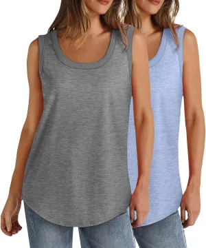 BZGTZT 2 Pack Womens Round Neck Plus Size Tank Tops Casual Loose Tunic Top Sleeveless T Shirts Daily Blouses Solid Tee