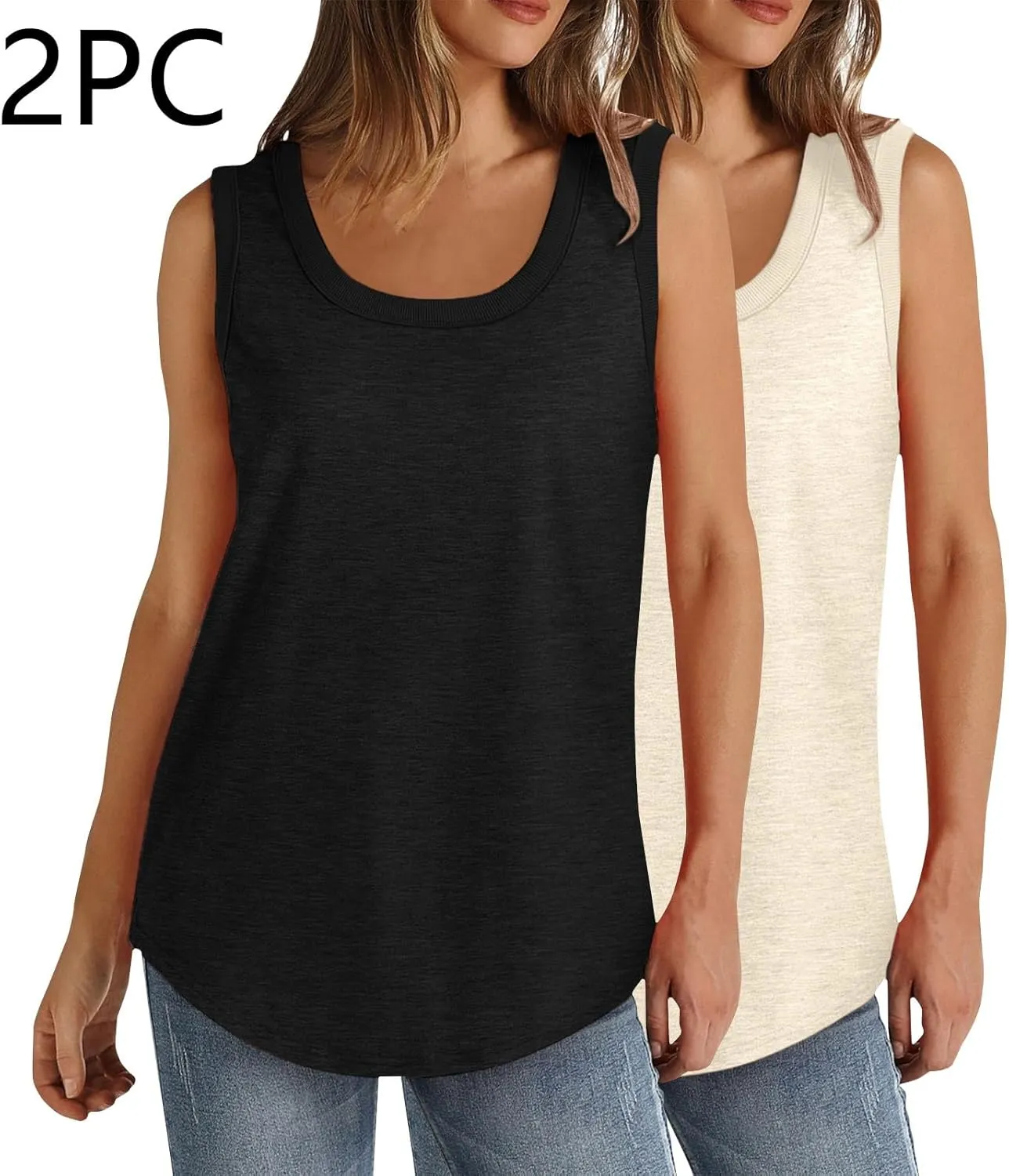 BZGTZT 2 Pack Womens Round Neck Plus Size Tank Tops Casual Loose Tunic Top Sleeveless T Shirts Daily Blouses Solid Tee