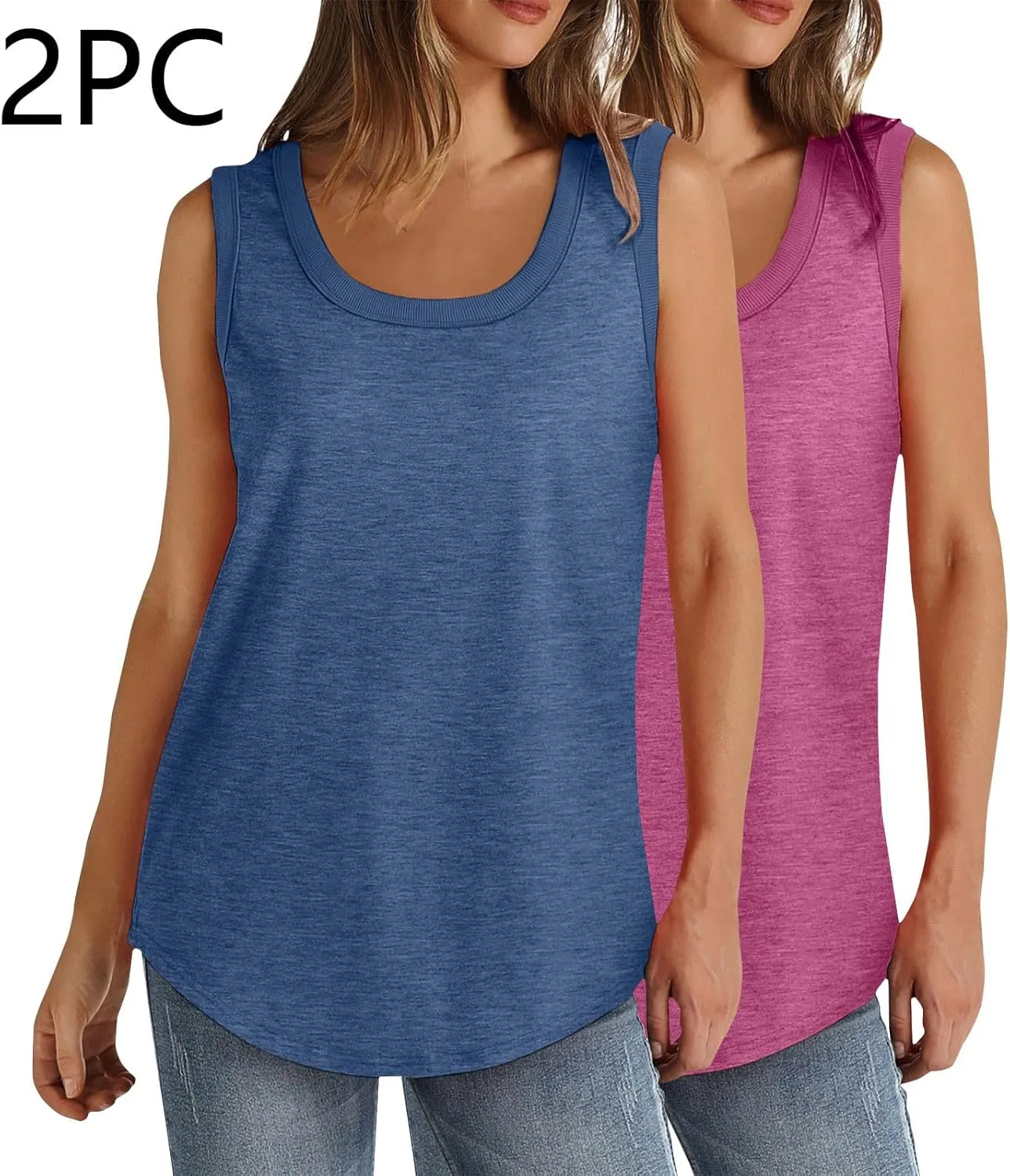 BZGTZT 2 Pack Womens Round Neck Plus Size Tank Tops Casual Loose Tunic Top Sleeveless T Shirts Daily Blouses Solid Tee