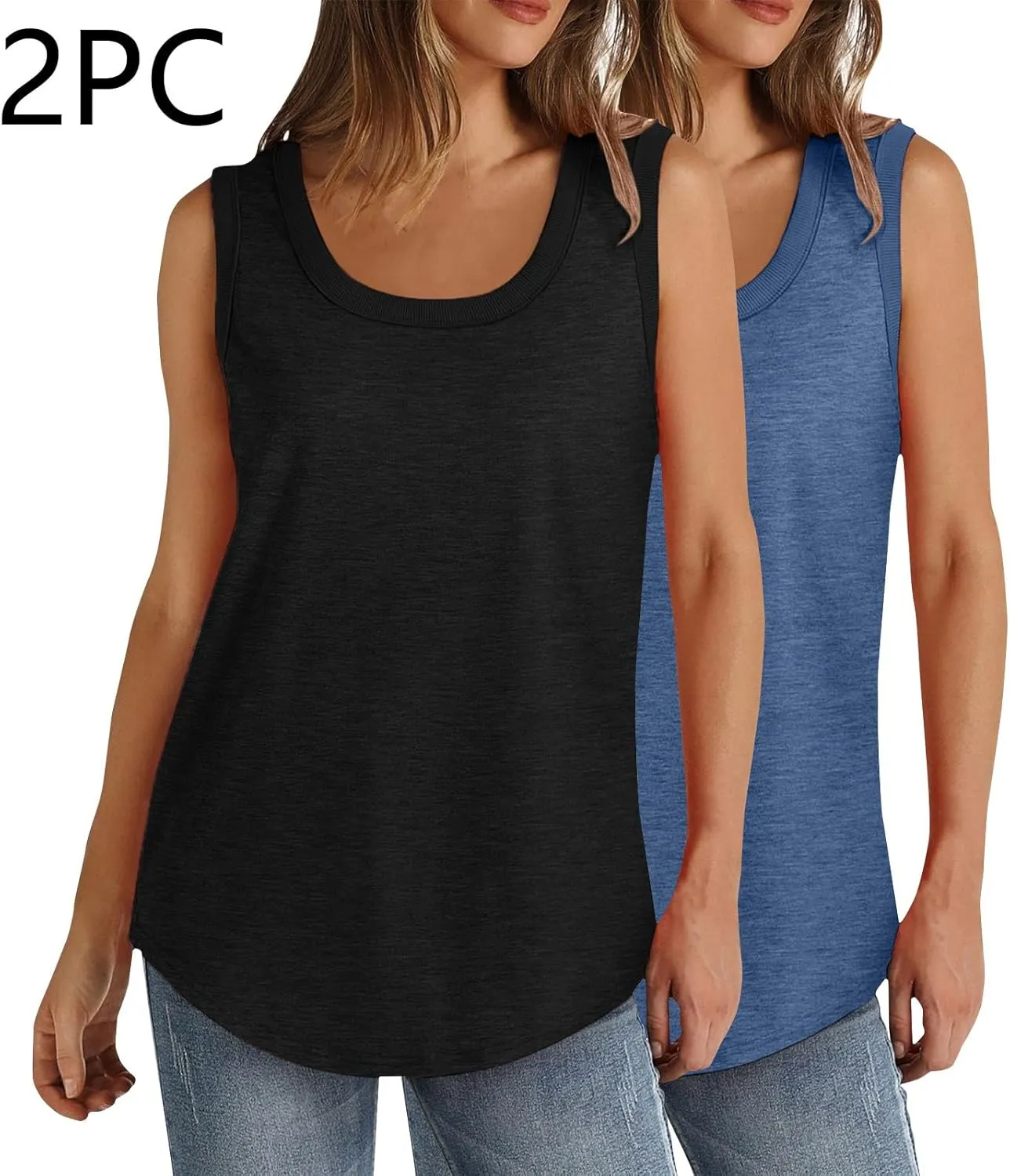 BZGTZT 2 Pack Womens Round Neck Plus Size Tank Tops Casual Loose Tunic Top Sleeveless T Shirts Daily Blouses Solid Tee