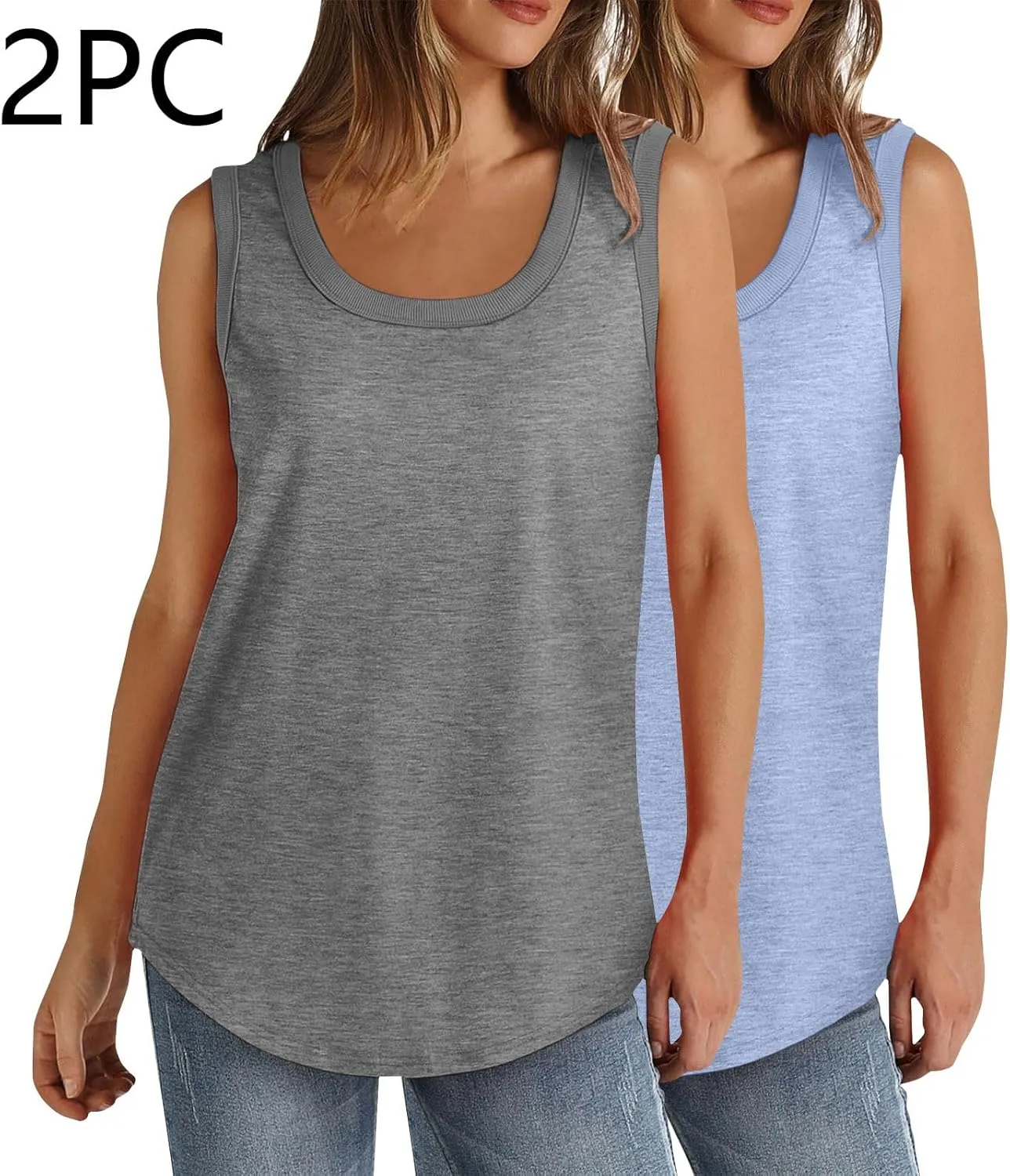 BZGTZT 2 Pack Womens Round Neck Plus Size Tank Tops Casual Loose Tunic Top Sleeveless T Shirts Daily Blouses Solid Tee