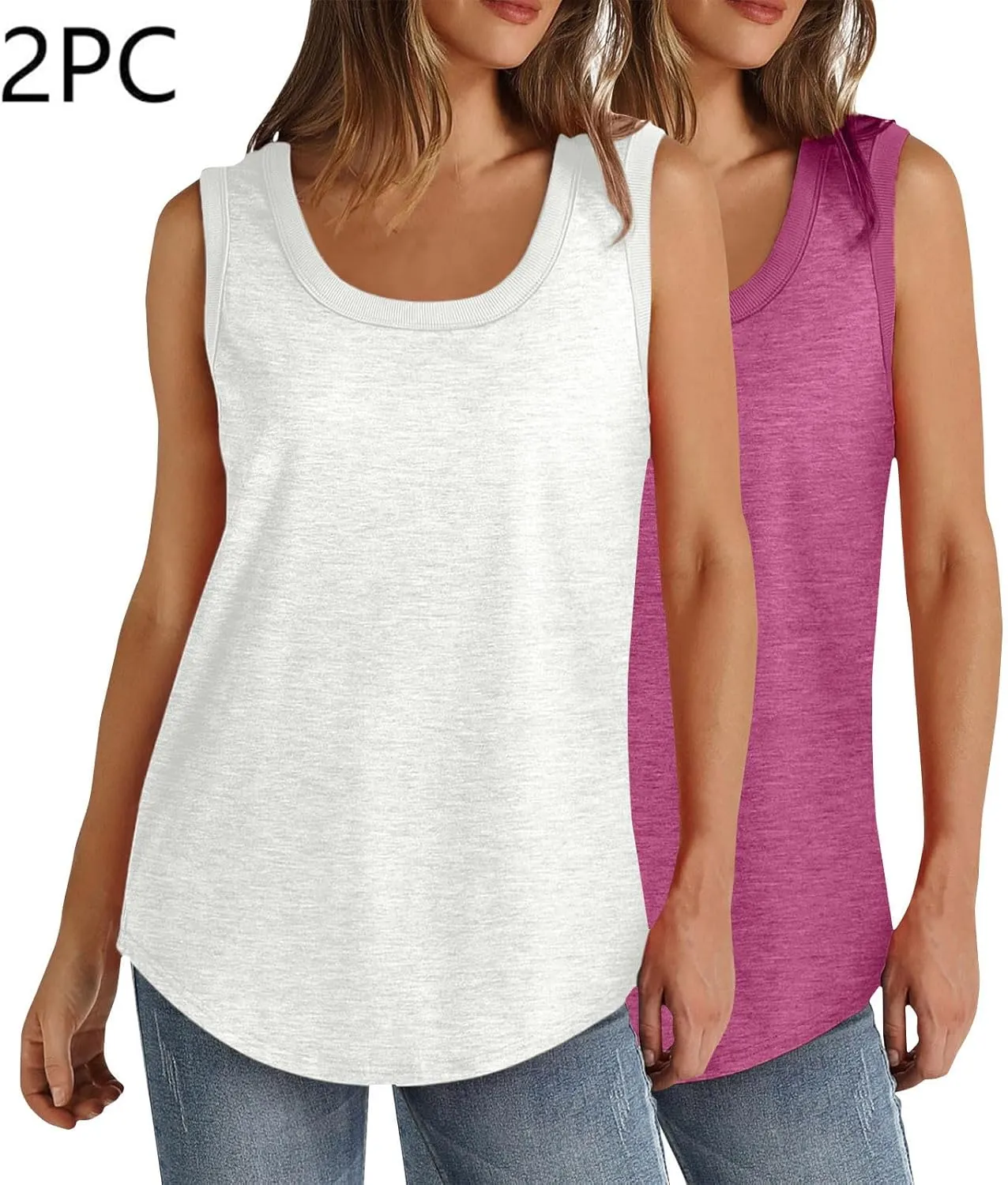 BZGTZT 2 Pack Womens Round Neck Plus Size Tank Tops Casual Loose Tunic Top Sleeveless T Shirts Daily Blouses Solid Tee
