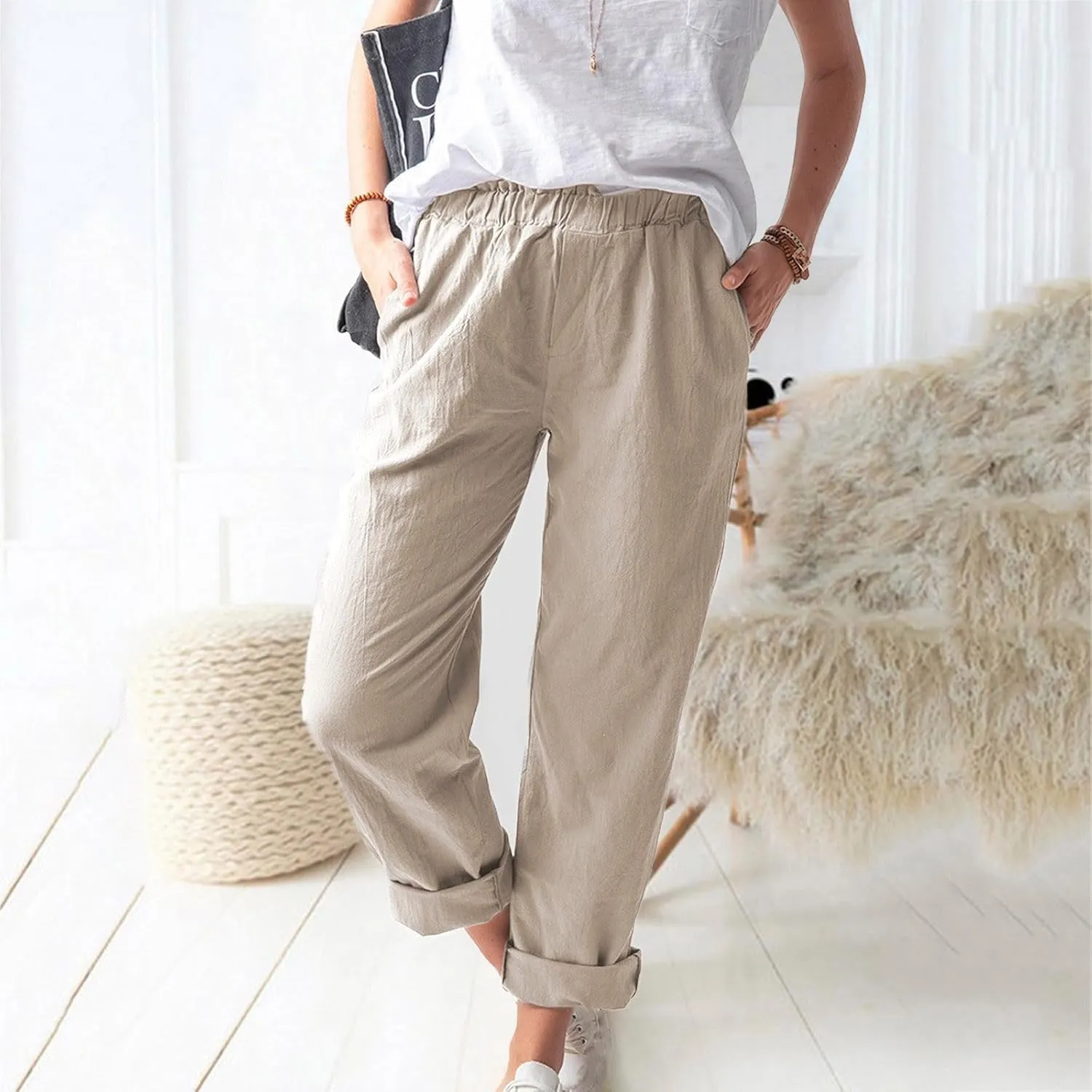 BZGTZT Linen Pants for Women Casual Loose Elastic High Waist Straight-Leg Pants Lightweight Loungewear Trousers with Pocket