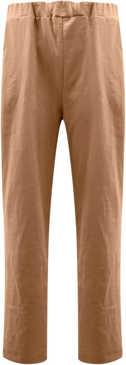 BZGTZT Linen Pants for Women Casual Loose Elastic High Waist Straight-Leg Pants Lightweight Loungewear Trousers with Pocket