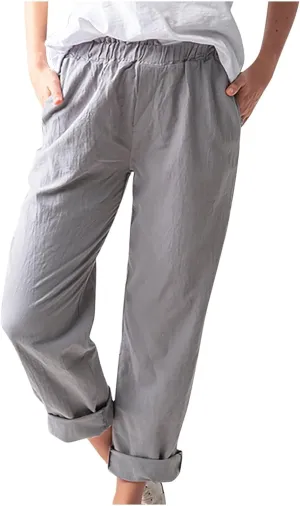 BZGTZT Linen Pants for Women Casual Loose Elastic High Waist Straight-Leg Pants Lightweight Loungewear Trousers with Pocket
