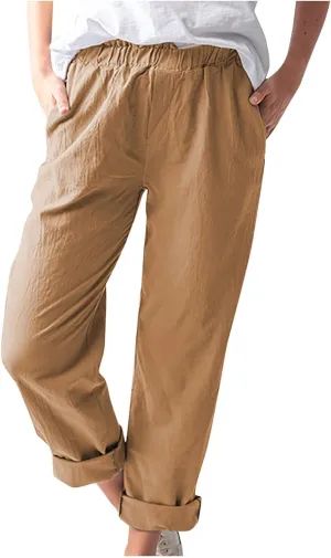BZGTZT Linen Pants for Women Casual Loose Elastic High Waist Straight-Leg Pants Lightweight Loungewear Trousers with Pocket