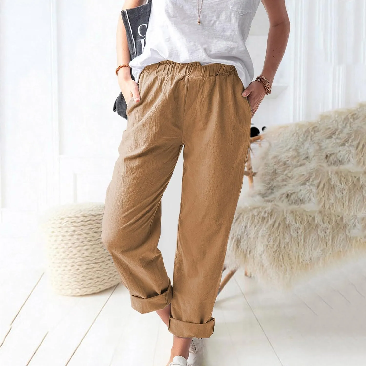 BZGTZT Linen Pants for Women Casual Loose Elastic High Waist Straight-Leg Pants Lightweight Loungewear Trousers with Pocket