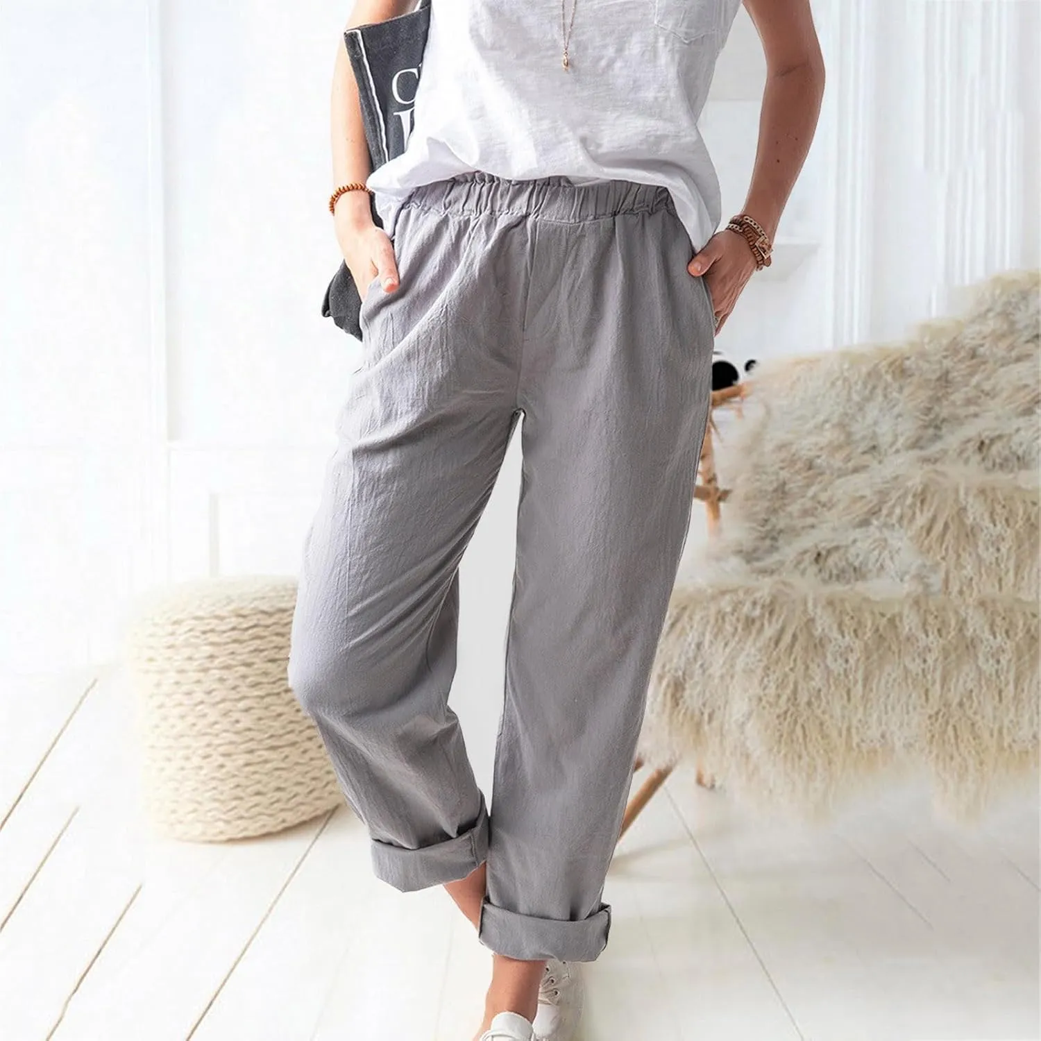 BZGTZT Linen Pants for Women Casual Loose Elastic High Waist Straight-Leg Pants Lightweight Loungewear Trousers with Pocket