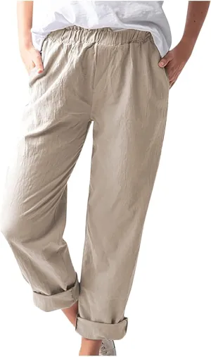 BZGTZT Linen Pants for Women Casual Loose Elastic High Waist Straight-Leg Pants Lightweight Loungewear Trousers with Pocket