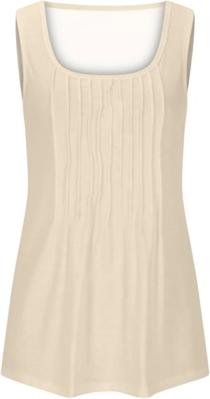BZGTZT Plus Size Round Neck Tank Tops for Women Summer Sleeveless Causal Trendy Tunic Top Loose Fit Pleated Solid Shirts
