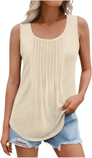 BZGTZT Plus Size Round Neck Tank Tops for Women Summer Sleeveless Causal Trendy Tunic Top Loose Fit Pleated Solid Shirts
