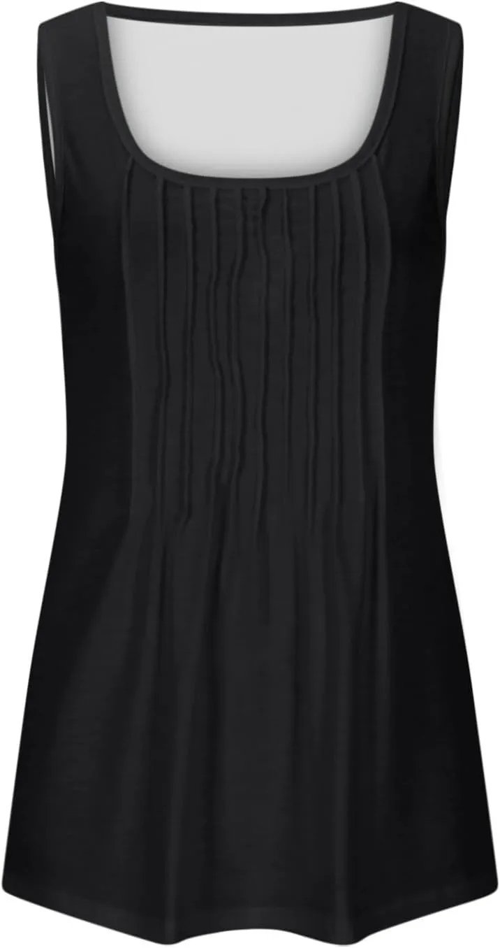 BZGTZT Plus Size Round Neck Tank Tops for Women Summer Sleeveless Causal Trendy Tunic Top Loose Fit Pleated Solid Shirts