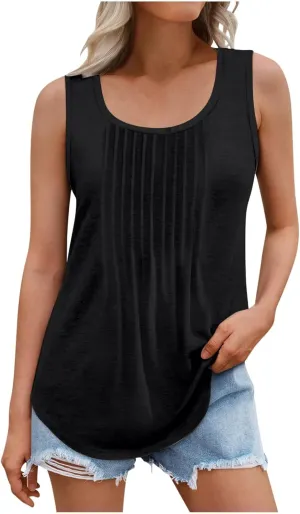 BZGTZT Plus Size Round Neck Tank Tops for Women Summer Sleeveless Causal Trendy Tunic Top Loose Fit Pleated Solid Shirts