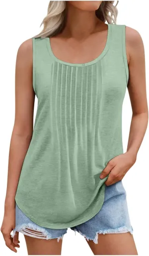 BZGTZT Plus Size Round Neck Tank Tops for Women Summer Sleeveless Causal Trendy Tunic Top Loose Fit Pleated Solid Shirts