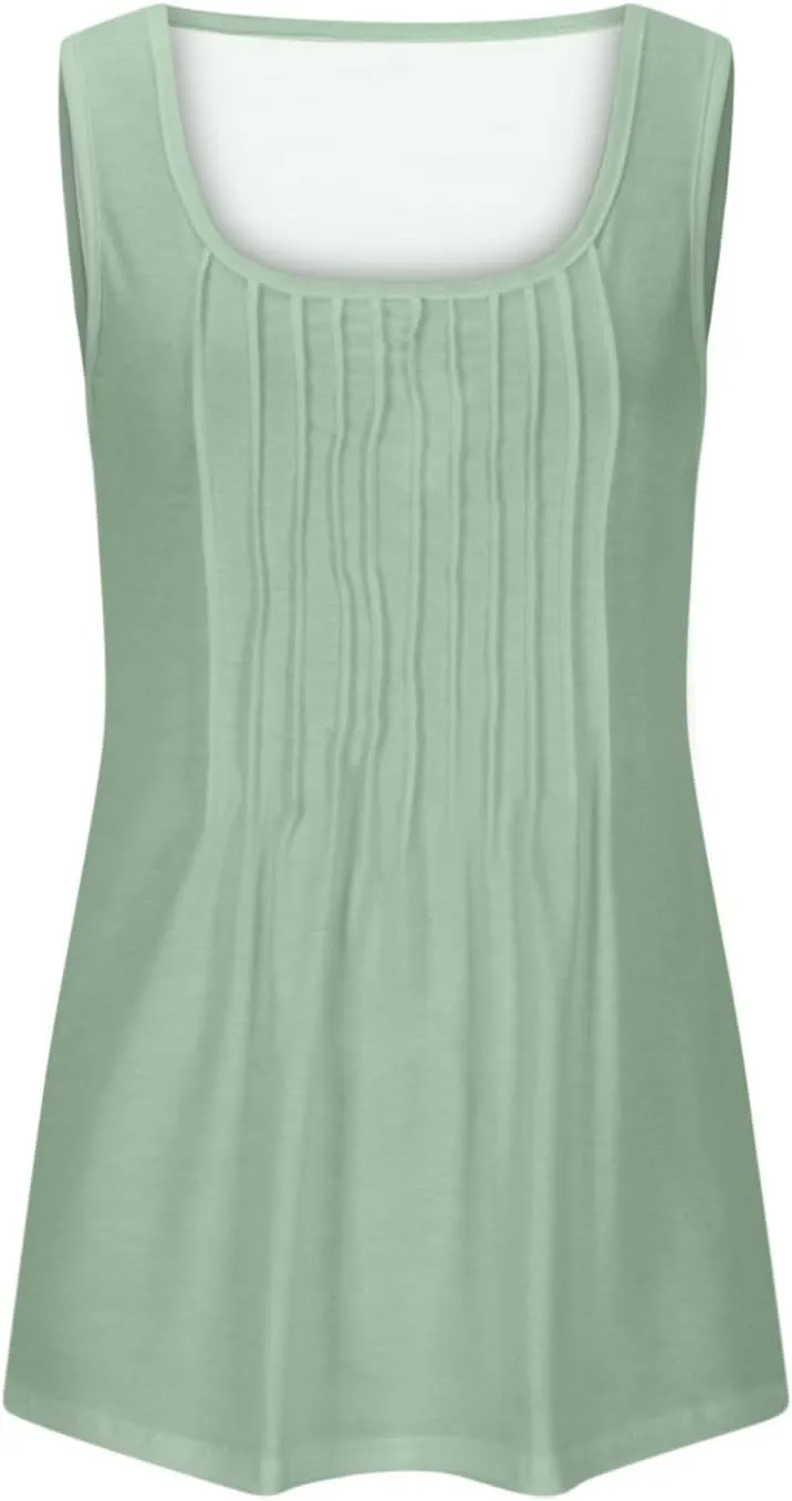 BZGTZT Plus Size Round Neck Tank Tops for Women Summer Sleeveless Causal Trendy Tunic Top Loose Fit Pleated Solid Shirts