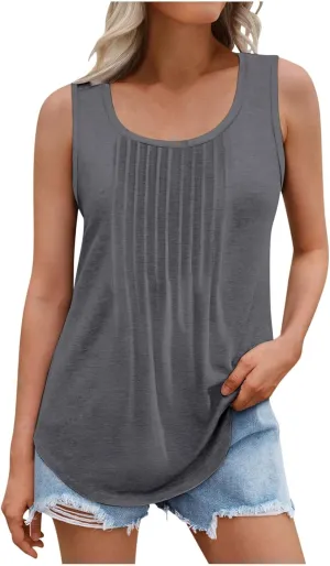 BZGTZT Plus Size Round Neck Tank Tops for Women Summer Sleeveless Causal Trendy Tunic Top Loose Fit Pleated Solid Shirts