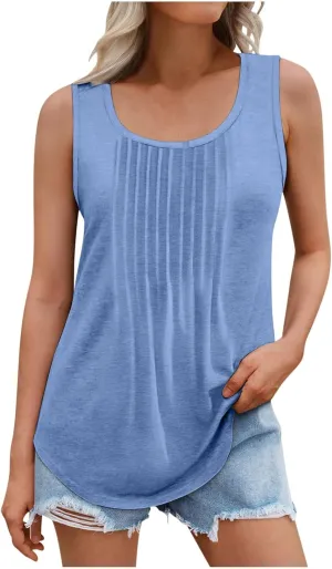BZGTZT Plus Size Round Neck Tank Tops for Women Summer Sleeveless Causal Trendy Tunic Top Loose Fit Pleated Solid Shirts