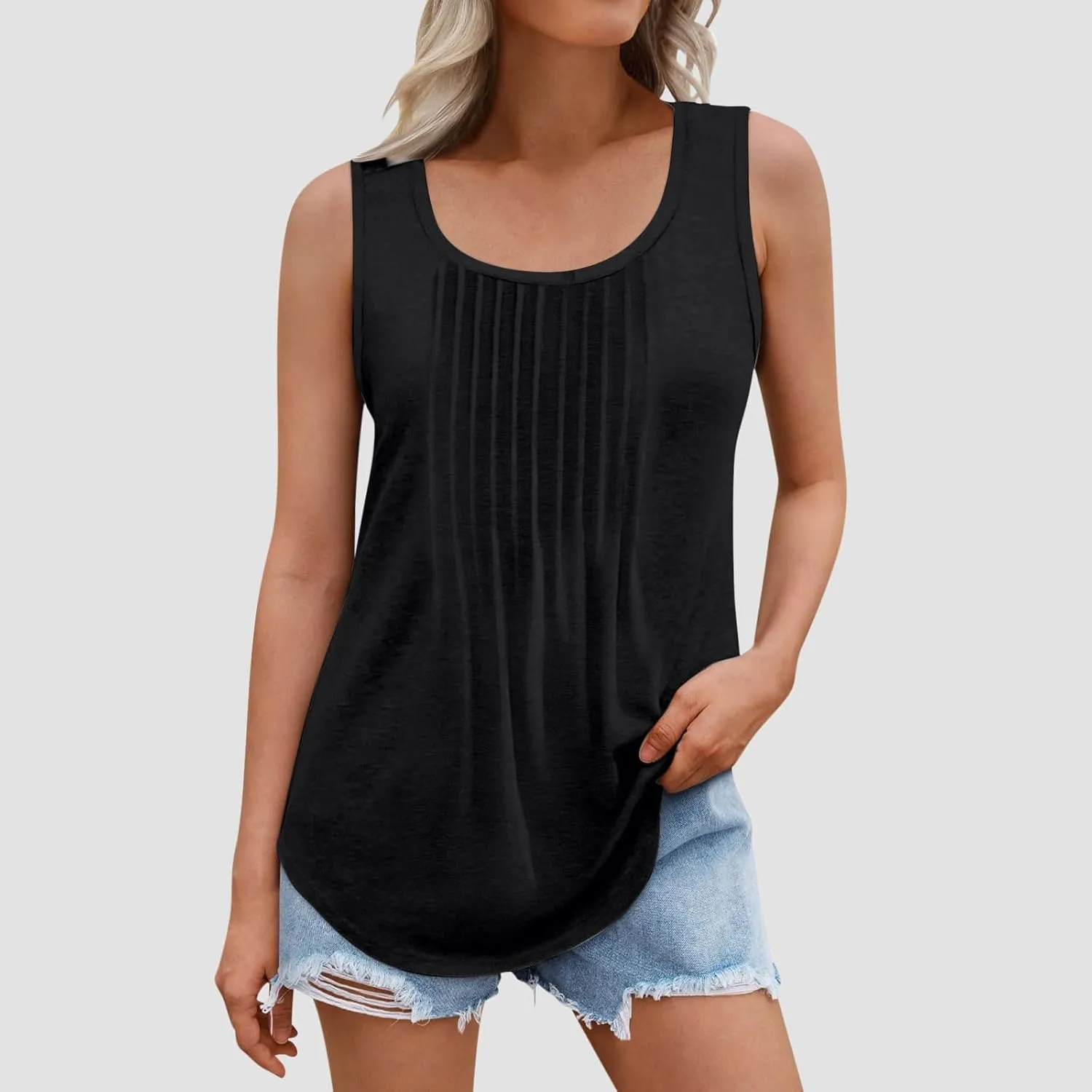 BZGTZT Plus Size Round Neck Tank Tops for Women Summer Sleeveless Causal Trendy Tunic Top Loose Fit Pleated Solid Shirts