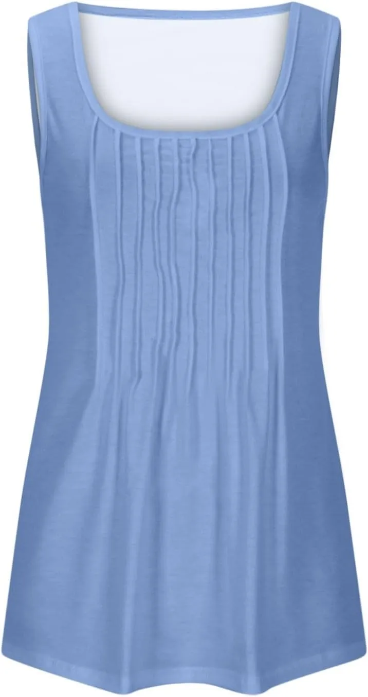 BZGTZT Plus Size Round Neck Tank Tops for Women Summer Sleeveless Causal Trendy Tunic Top Loose Fit Pleated Solid Shirts